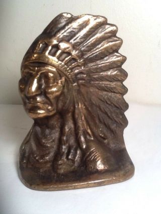 Vintage Solid Brass American Indian W/ Full Head Dress Bookend