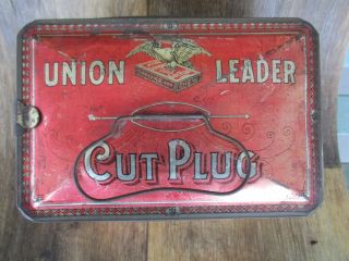 Antique Union Leader Cut Plug Tin Litho Lunch Pail Tobacco Can Eagle Vintage Old