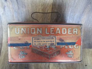 ANTIQUE UNION LEADER CUT PLUG TIN LITHO LUNCH PAIL TOBACCO CAN EAGLE VINTAGE OLD 2