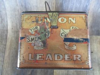 ANTIQUE UNION LEADER CUT PLUG TIN LITHO LUNCH PAIL TOBACCO CAN EAGLE VINTAGE OLD 5