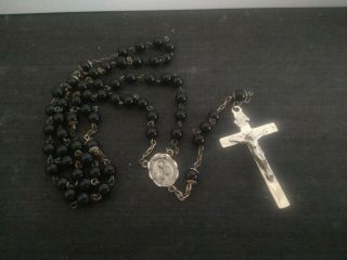 Vintage Black Glass Bead Catholic Rosary Sterling Silver Crucifix