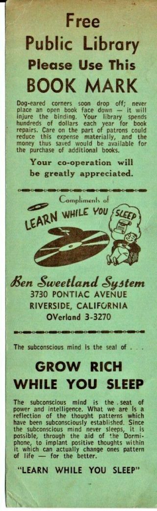 Ben Sweetland Learn & Grow Rich While You Sleep Ad Bookmark 1940s Riverside Ca