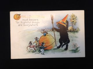 Vintage Black Cat And Mice Halloween Postcard