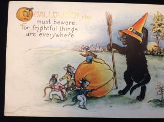 Vintage Black Cat And Mice Halloween Postcard 5