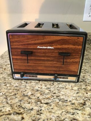 Vintage Retro Proctor Silex Chrome Wood Grain 4 Slice Toaster 1980 