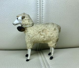 Antique German 2 3/4” Putz Sheep With Bell And Yellow Collar