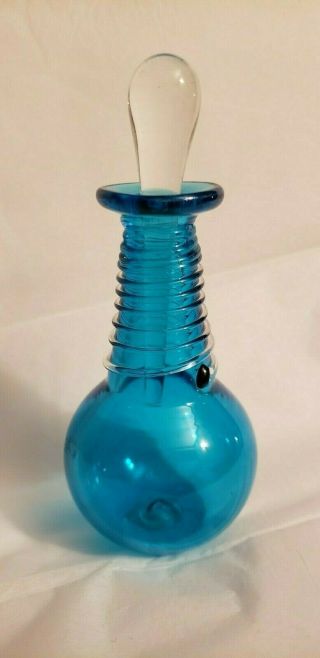 Vintage Antique Blue Perfume Bottle With Clear Dabber Stopper Hand Blown