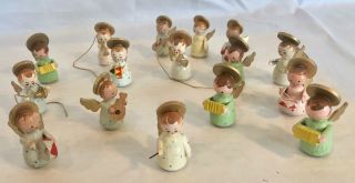 Set Of 16 Vintage Erzgebirge Style Wood Angels Playing Different Instruments