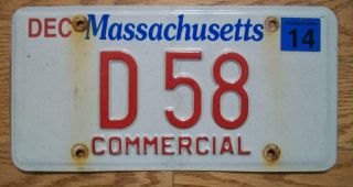 Single Massachusetts License Plate - 2014 - D 58 - Commercial