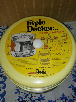 Vintage Metal Peoria Triple Decker Food Carrier Cake Pie USA Yellow 2