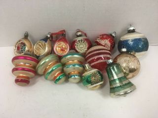 13 Vintage Glass Christmas Tree Ornaments Indent Stenciled Striped Lantern Mica