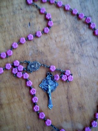 Antique Rosary - Pink Flower Glass Beads 18.  5 " Long