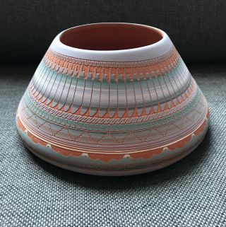 Signed Ernest Watchman Navajo Native American Indian Carved Art Pottery Vase SJS 2