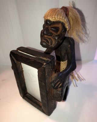 Vtg Tiki Tribal Folk Art Hand Carved Wood Man Figurine Photo Holder Jute Hair