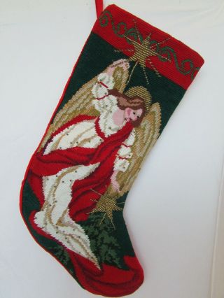 Vintage Needlepoint Christmas Stocking Angel With Gold Beaded Star Tree Topper