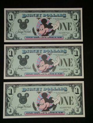 (3) Disney Dollars 1987 $1 Dollar Mickey Series A,  Unc.  Crisp