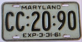 Maryland 1961 License Plate Quality Cc:20:90