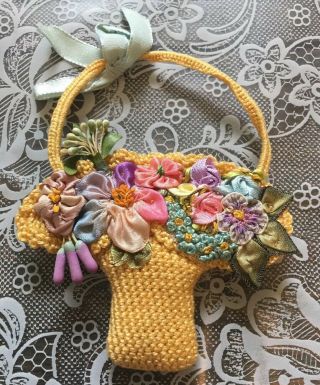 Vintage Embroidered Ribbon Flower Basket Pin Cushion
