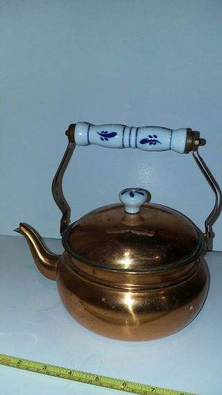 Vintage Copper Teapot / Water Pot Kettle With Blue & White Porcelain Handles
