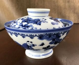 Vintage Japanese Chinese Porcelain Rice Or Soup Bowl With Lead White And Blue.