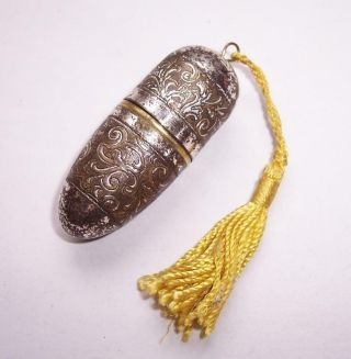 Vintage Brass Sewing Etui/needle Case - Acorn Shape With Scrolling Leaf Design