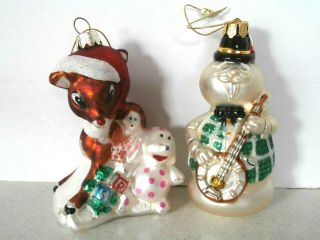 Rudolph The Red Nosed Reindeer & Sam The Snowman W/ Banjo 5 " Glass,  Ornaments
