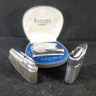 Set Of 3 Vintage Ronson Gas Lighters - Varaflame Box -