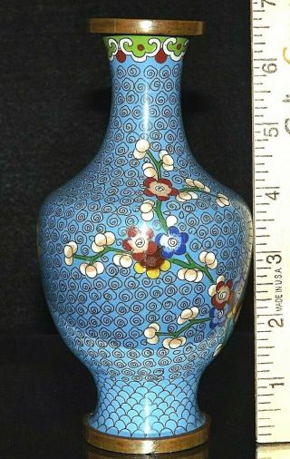 Cloisonne Urn Shaped Vase,  Light Blue With Multicolored Flowers And Green Vines