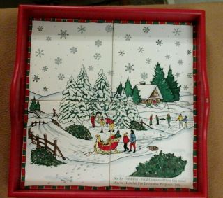 Vintage Christmas Ceramic Tile Tray Red Painted Wood Frame Winter 12 " Jc Penney