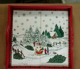 Vintage Christmas Ceramic Tile Tray Red Painted Wood Frame WINTER 12 