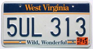 West Virginia 2013 " Wild,  Wonderful " License Plate,  5ul 313