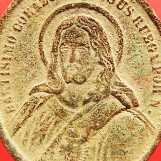 Antique Sacred Heart Of Jesus & Mary Medal Old 19th Cent Spanish Religious Charm