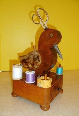 Vtg Wood Duck Bird Sewing Caddy Box W/ Drawer 1898 Scissors Pin Cushion Thread