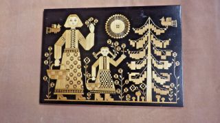 Russian Folk Art Black Painted Wood And Straw Marquetry Wall Hanging Panel 14x10