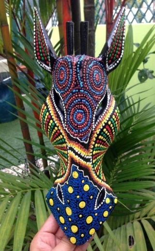 Head Paint Dot Tribal Hand Carved Tiki Mask Wood Hang Loop Gift Giraffe Wild