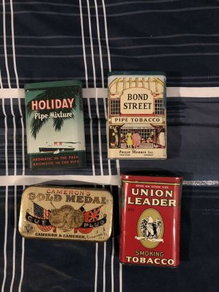 4 Vintage Tobacco Tins.  Union Leader Holiday Pipe Mixture Bond Street Gold Medal