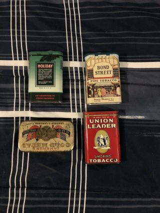 4 Vintage Tobacco Tins.  Union Leader Holiday Pipe Mixture Bond Street Gold Medal 3