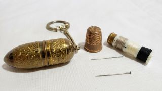 2 " Vintage Austria Emboss Gold Gilt Bullet Shaped Sewing Kit & Thimble With Case