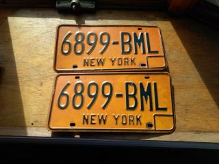 Vintage 1973 - 86 York State " Bml " License Plate Blue On Yellow Matching Set