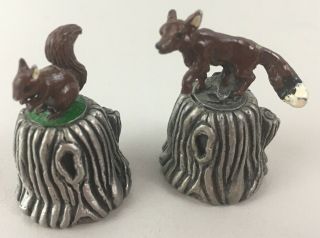2 - Pewter Thimbles A Fox And A Squirrel Sitting On Stump Painted Animals