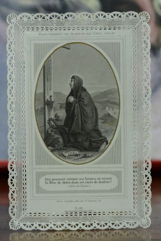 19thc French Lace Holy Card Virgin Mary At The Bottom Of The Cross Letaille