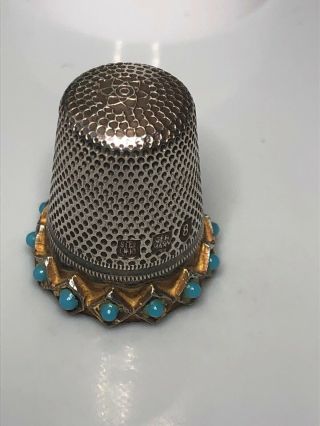 Thimble Sterling Silver Marked Germany Gold Band Turquoise Stones