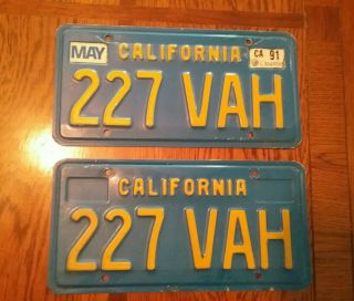 Set Pair California Metal License Plates 227 Vah Blue Yellow Dmv Clear