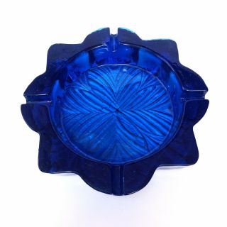 Vintage Ashtray Cobalt Blue Glass Lotus Flower Heavy Thick 8”
