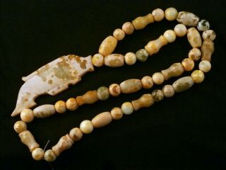 26 Inches Wow Chinese Old Jade Beads Necklace W/jade Fish Pendant V004