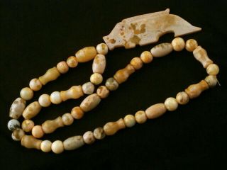 26 Inches WOW Chinese Old Jade Beads Necklace W/Jade Fish Pendant V004 5