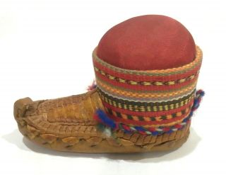 Antique Vintage Leather & Hand Woven Fabric Moccasin Pin Cushion Serbia