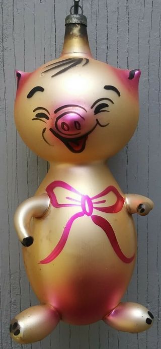 Vintage Pig Figure Italian Blown Glass Hand Painted Christmas Ornament 5 "