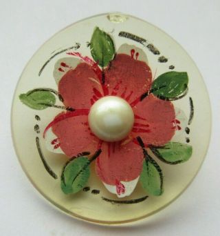 Pretty Large Antique Vtg Painted Celluloid Button Pink Flower 1 - 1/4 " (d)