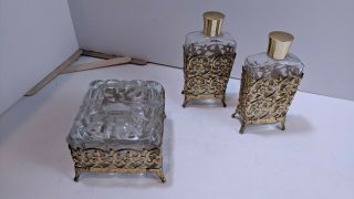 Vintage Brass Filigree Glass 3 Piece Dresser Set